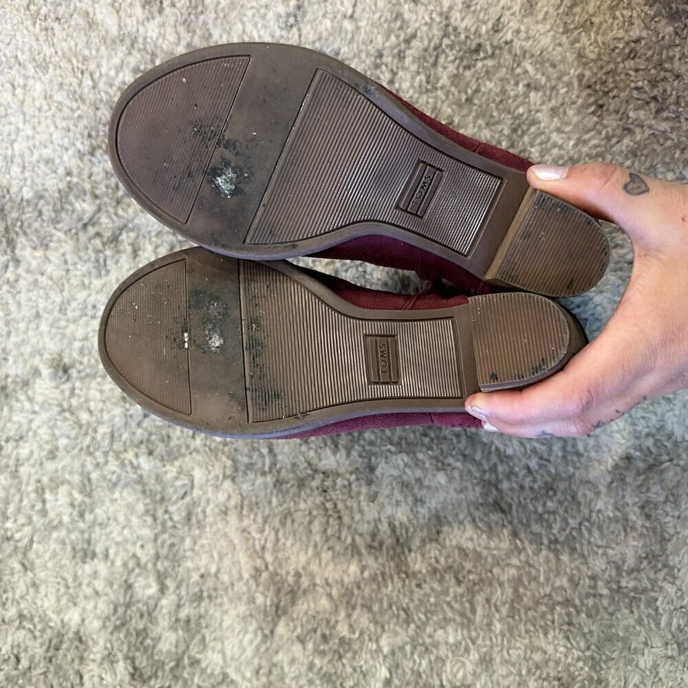 Toms Wide 6.5 Burgundy Red Open Toe Booties Suede Peep Toe Leather Majorca Open - Picture 7 of 10